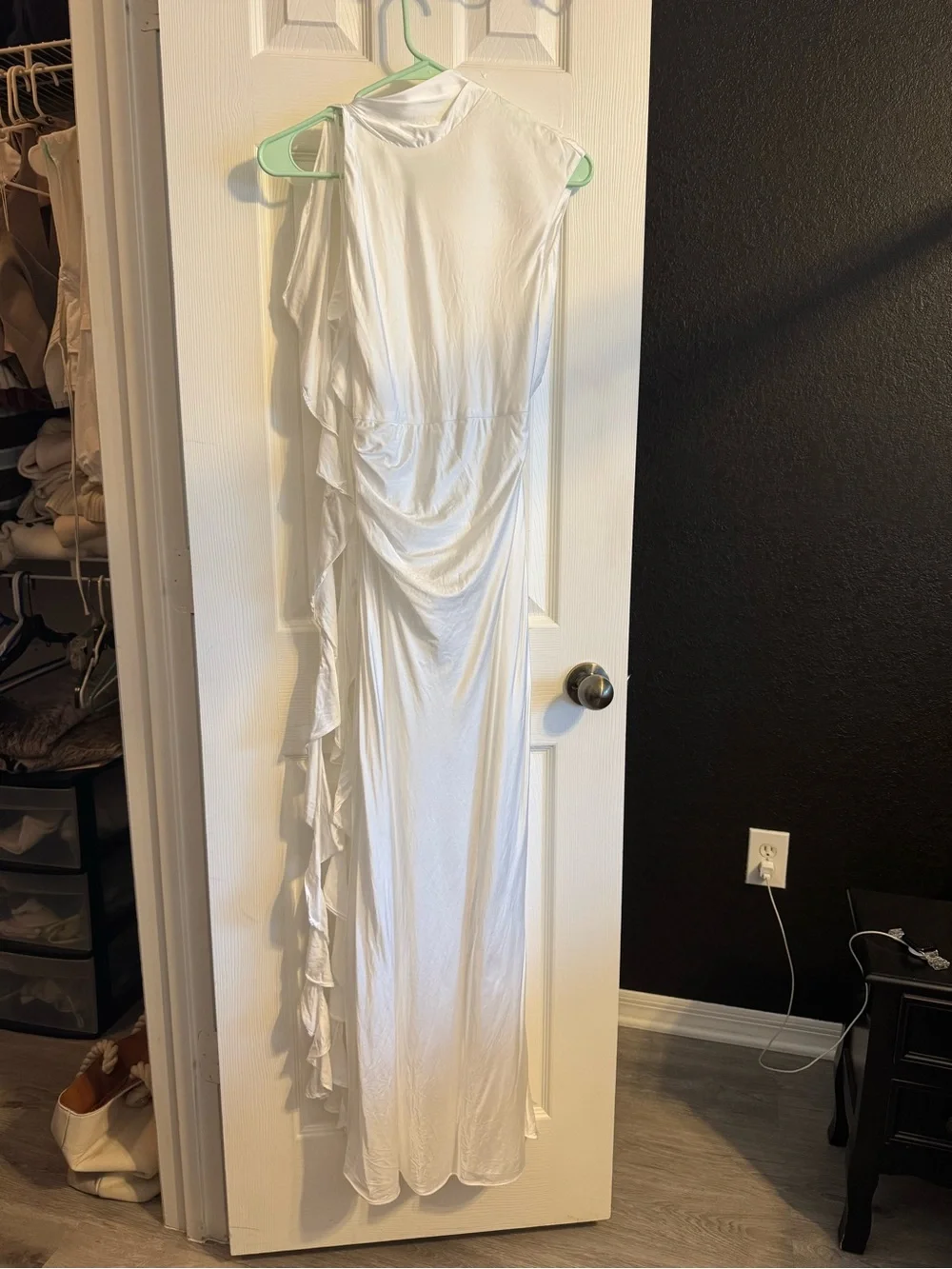 Shona Joy White Sleeveless Gown with Side Ruffle